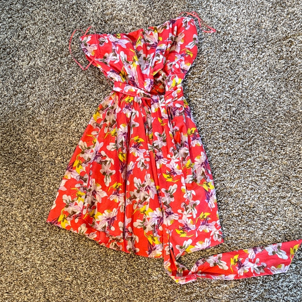 Express Strapless Floral Dress - Red and Yellow